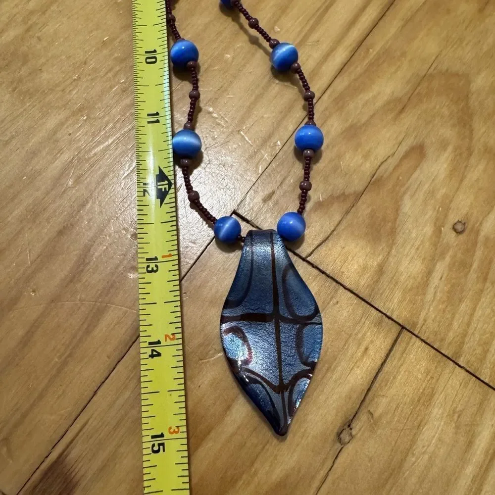 Blue Maroon Beaded Artisan Glass Pendant Necklace 15” with Bracelet/Earrings